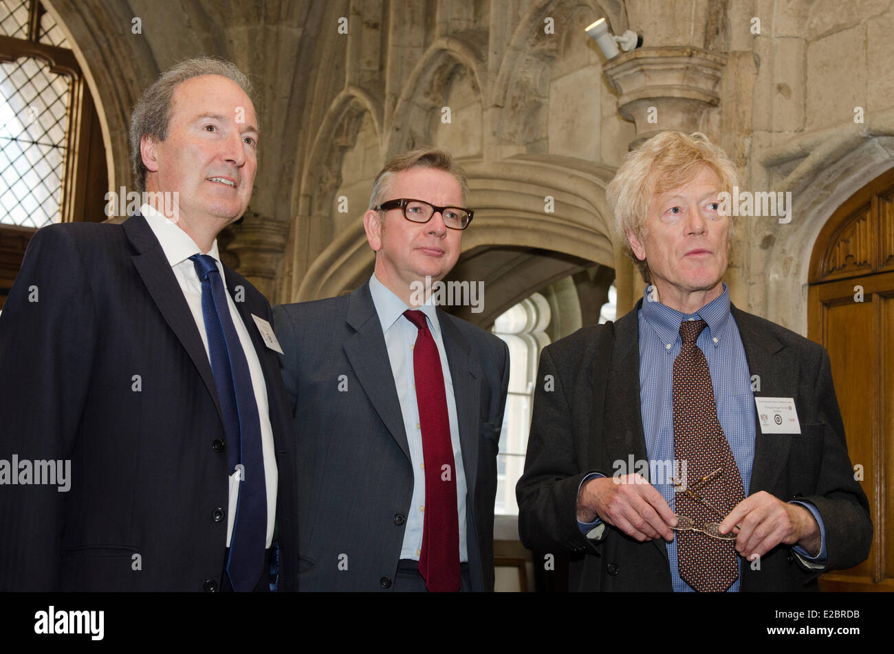 London, UK. 18th June, 2014. Charles Moore Michael Gove Education Secretary Prof. Roger Scruton at the Margaret Thatcher Conference on Liberty 18th June 2014 Guildhall London uk Credit:  Prixpics/Alamy Live News Stock Photo