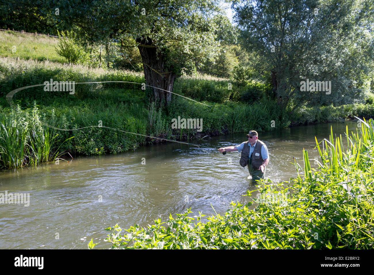 Trout fishing, River Wylye, Wiltshire, England Stock Photo
