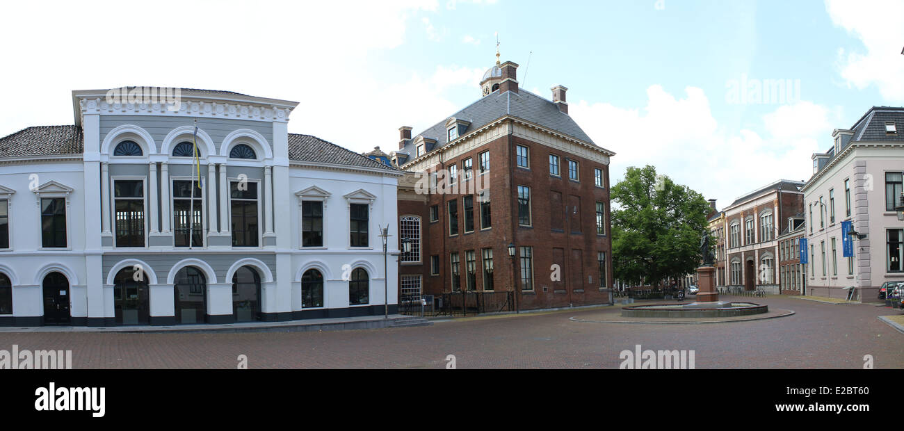 Panaroma of Hofplein square, Leeuwarden, Main Guard (Hoofdwacht) and 18th century City Hall (Stadhuis) and Stadhouderlijk Hof Stock Photo