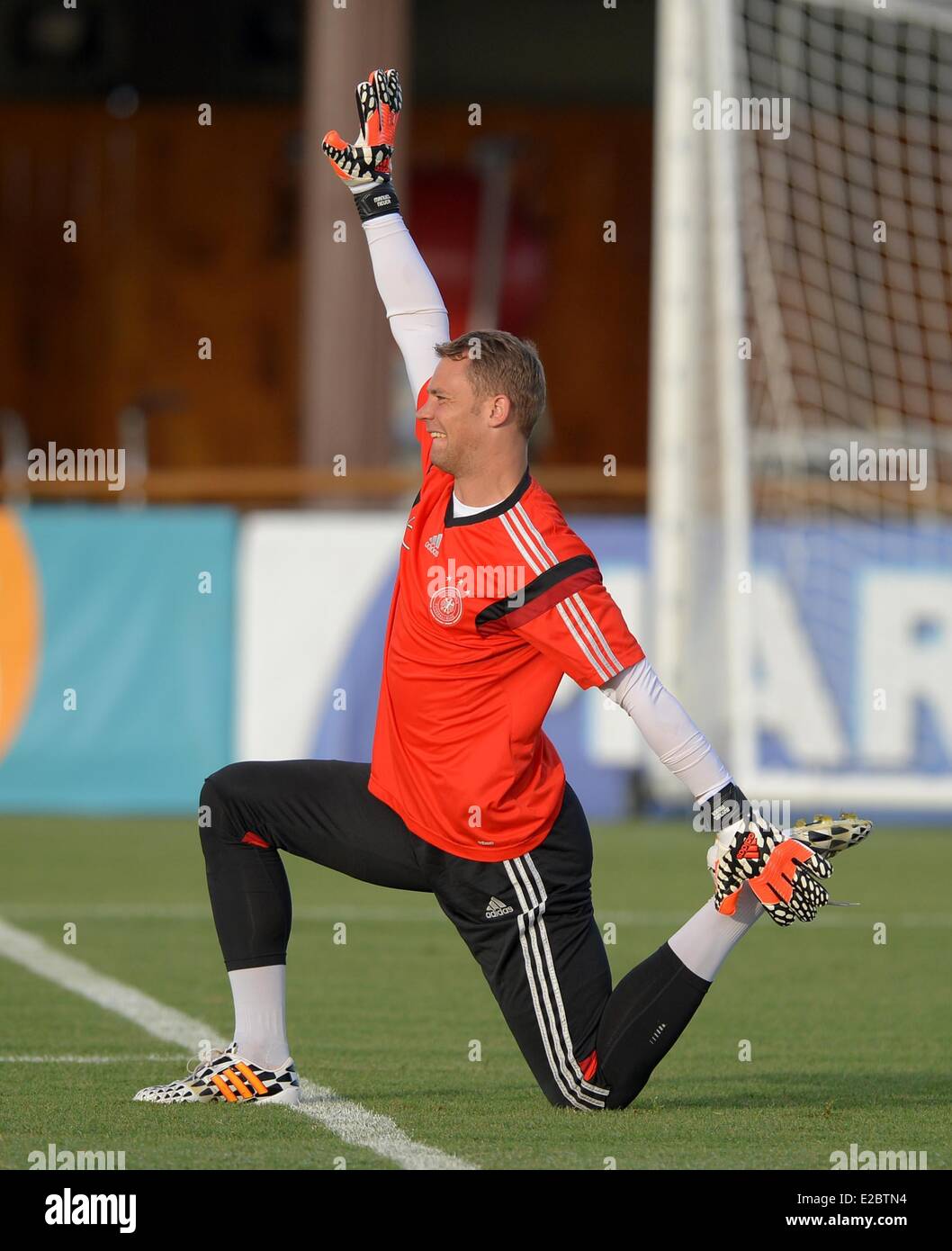 Santo Andre, Brazil. 18th June, 2014. Manuel Neuer warms up during a training session of the German national soccer team at the training center in Santo Andre, Brazil, 18 June 2014. Photo: Thomas Eisenhuth/dpa/Alamy Live News Stock Photo
