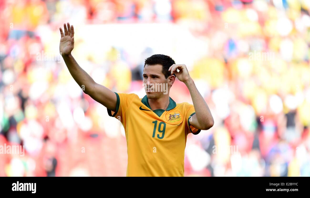 Porto Alegre, Brazil. 18th June, 2014. Australias Ryan McGowan applauds his teams fans after a Group B match between Australia and Netherlands of 2014 FIFA World Cup at the Estadio Beira-Rio Stadium in Porto Alegre, Brazil, June 18, 2014. Nehterlands won 3-2 over Australia on Wednesday. Credit:  Action Plus Sports Images/Alamy Live News Stock Photo