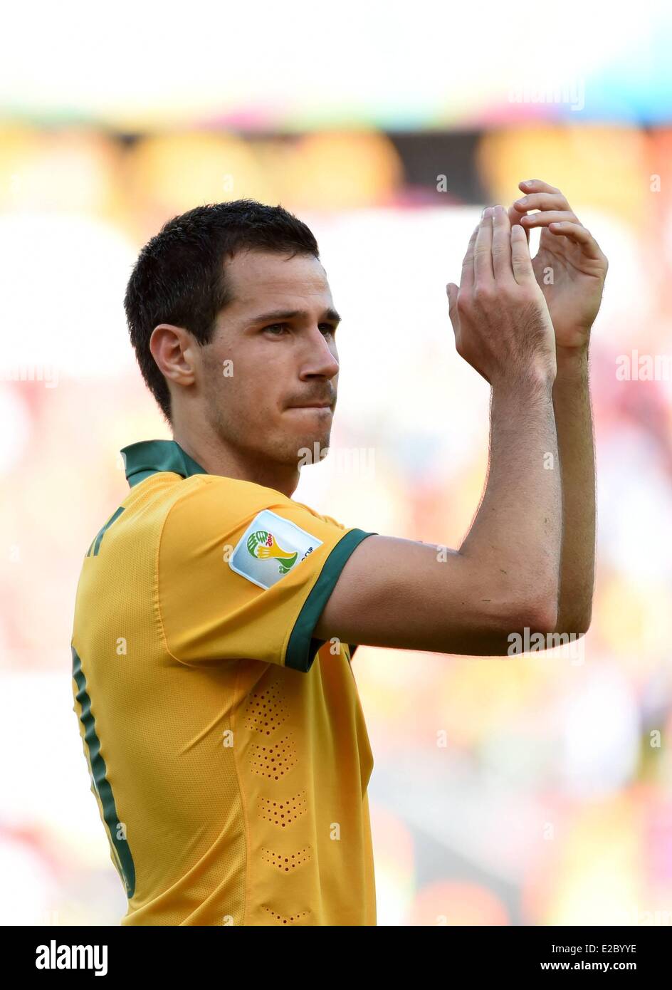 Porto Alegre, Brazil. 18th June, 2014. Australias Ryan McGowan applauds his teams fans after a Group B match between Australia and Netherlands of 2014 FIFA World Cup at the Estadio Beira-Rio Stadium in Porto Alegre, Brazil, June 18, 2014. Nehterlands won 3-2 over Australia on Wednesday. Credit:  Action Plus Sports Images/Alamy Live News Stock Photo