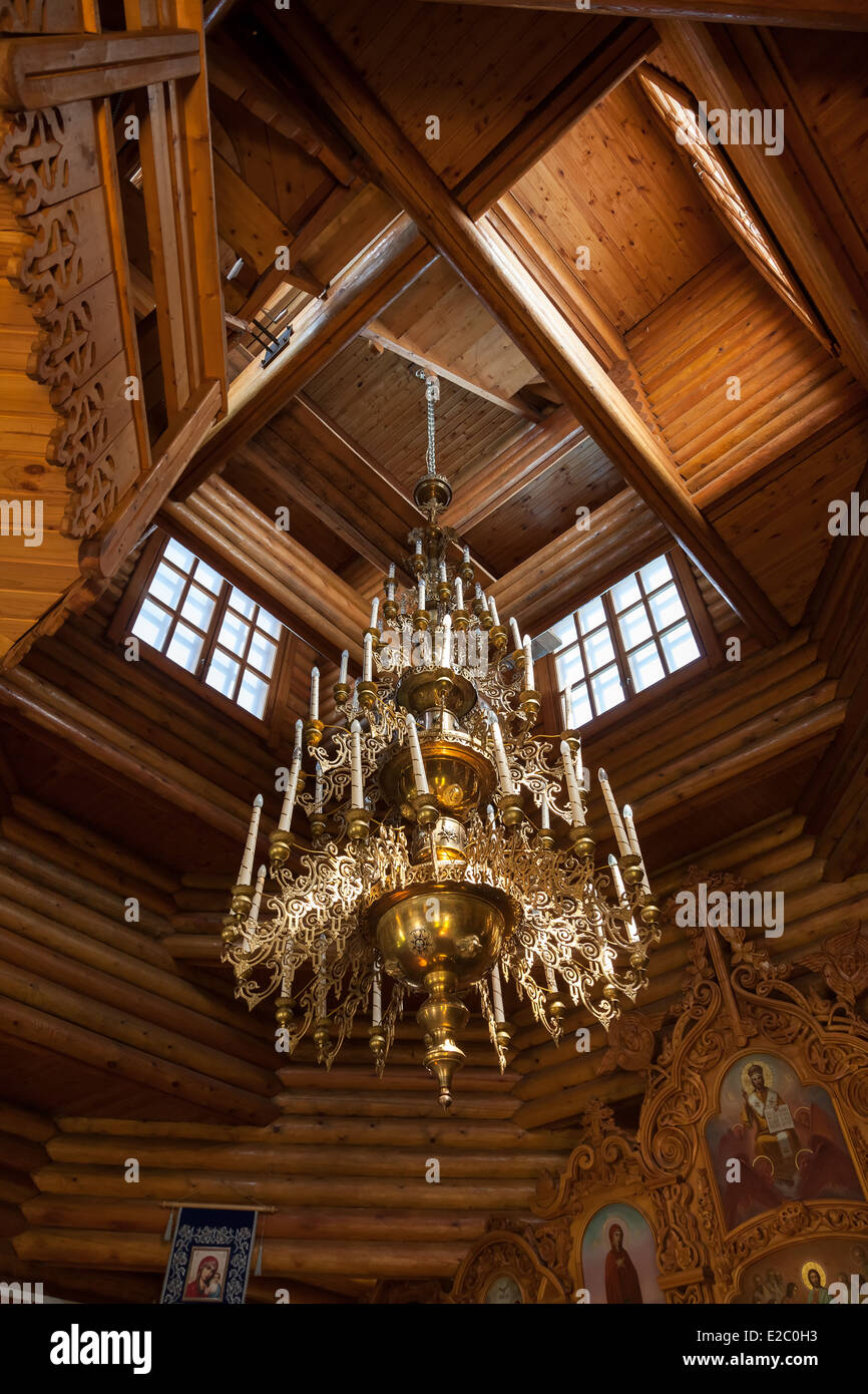 Electric chandelier in the wooden church Stock Photo Alamy