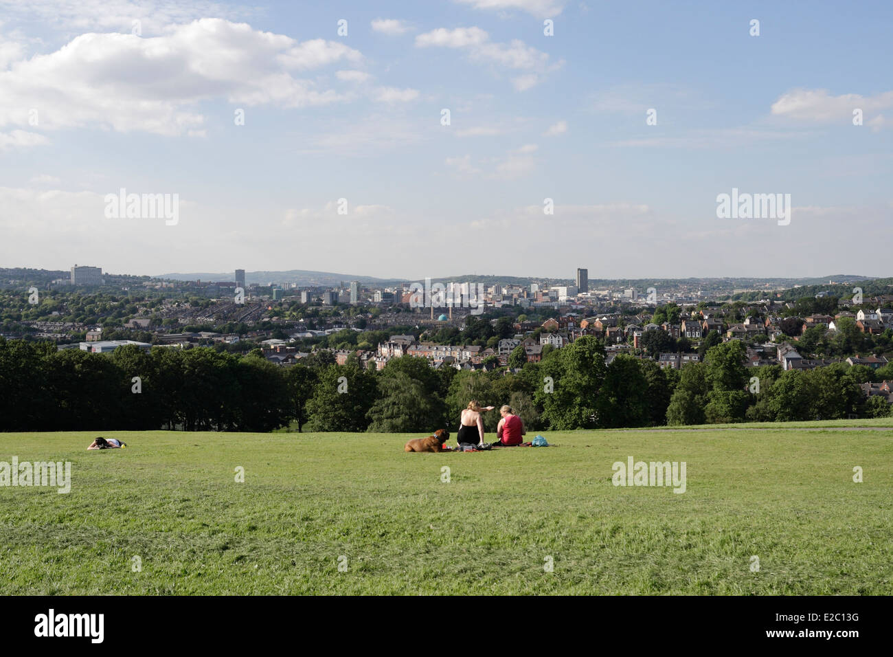 People enjoying the view of Sheffield city skyline England UK from Meersbrook Park Scenic view English urban landscape Greenest city Stock Photo