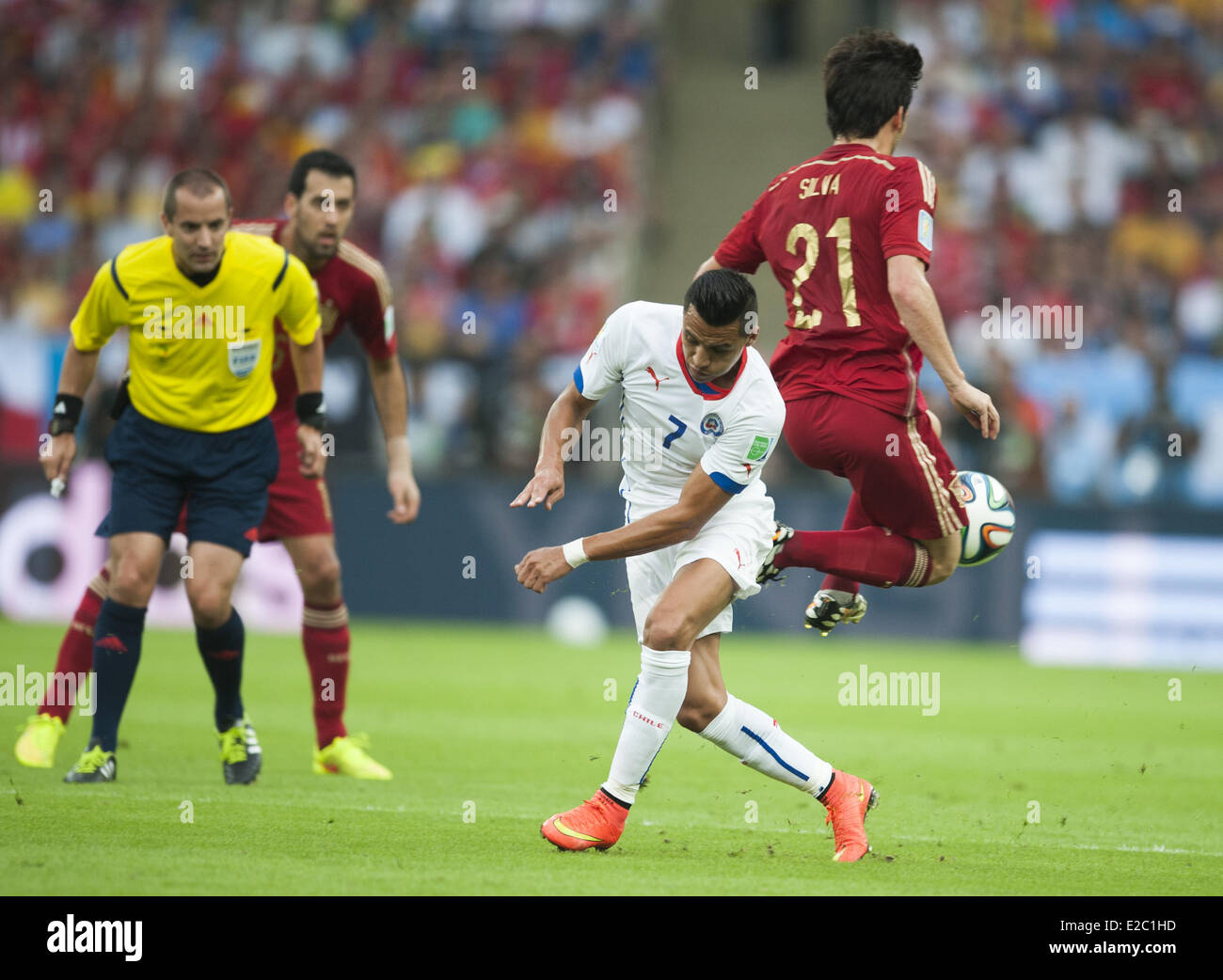 Porto Alegre, Brazil. 18th June, 2014.  David Silva and Alexis in the match between Spain and Chile in the group stage of the 2014 World Cup, for the group B match at the Beira Rio stadium, on June 18, 2014  Credit:  Urbanandsport/NurPhoto/ZUMAPRESS.com/Alamy Live News Stock Photo