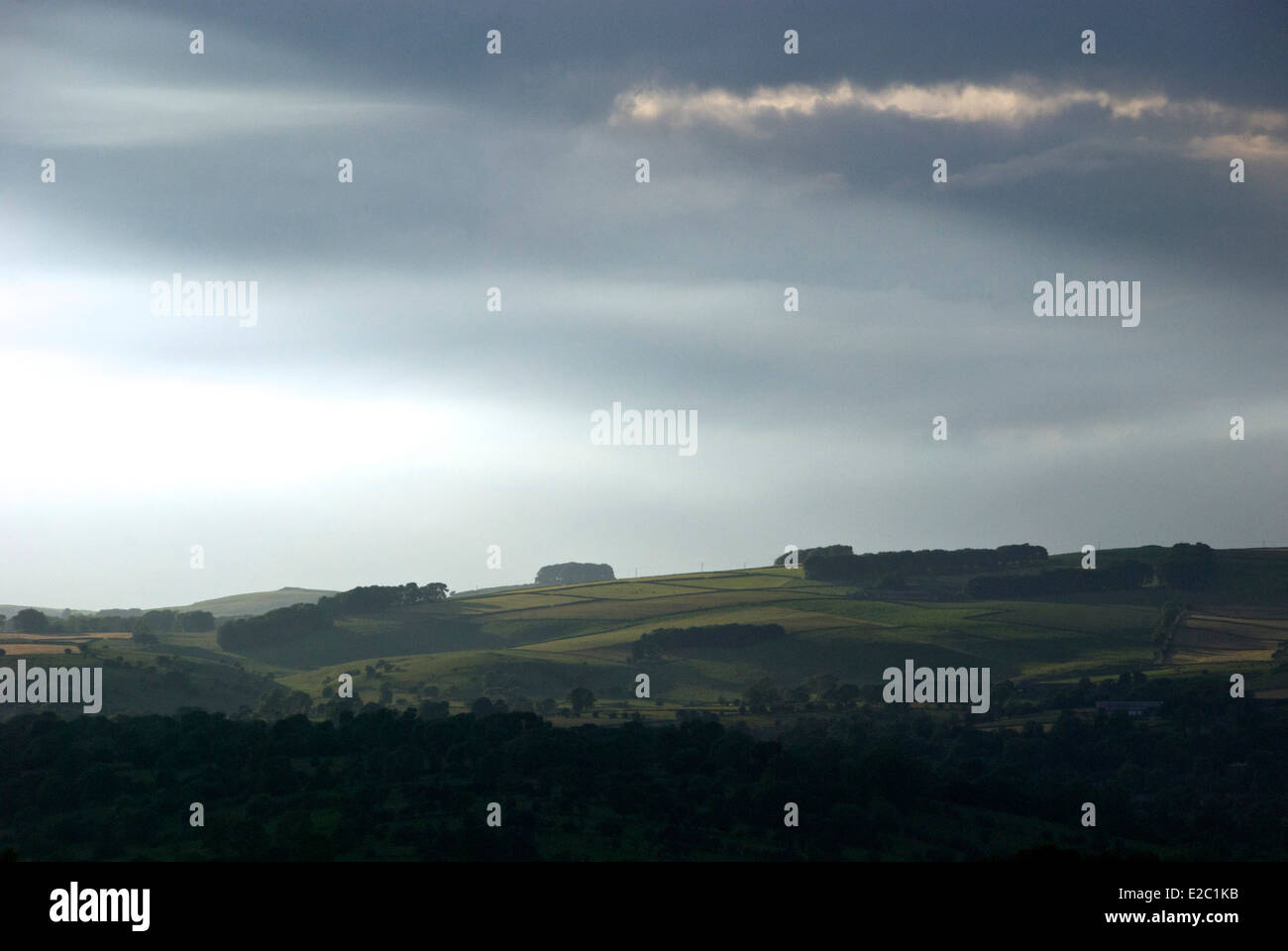 Evening light over rolling hills in Derbyshire, UK Stock Photo