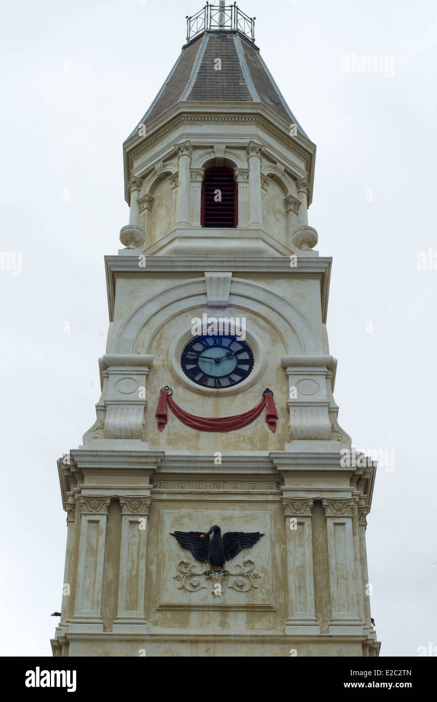 The tower of Fremantle Town Hall in Western Australia.  The shot shows the black swan motif, an emblem of Western Australia. Stock Photo