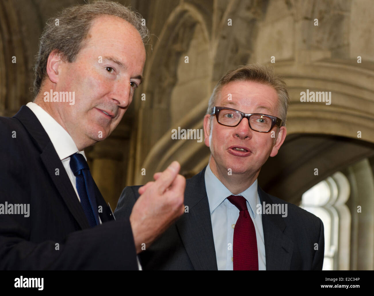 London, UK. 18th June, 2014. Charles Moore Former editor of The Telegraph, Mrs Thatcher's biographer with Michael Gove Education Secretary speakers at the Margaret Thatcher Conference on Liberty 2014 , Guildhall, London, UK Credit:  Prixnews/Alamy Live News Stock Photo