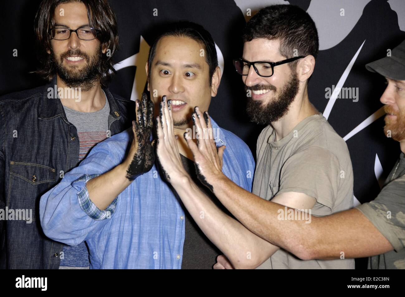Los Angeles, CA, USA. 18th June, 2014. Rob Bourdon, Joe Hahn, Brad Delson, Dave Phoenix Farrell at the induction ceremony for Guitar Center RockWalk Inducts Linkin Park, Sunset Boulevard, Los Angeles, CA June 18, 2014. Credit:  Michael Germana/Everett Collection/Alamy Live News Stock Photo