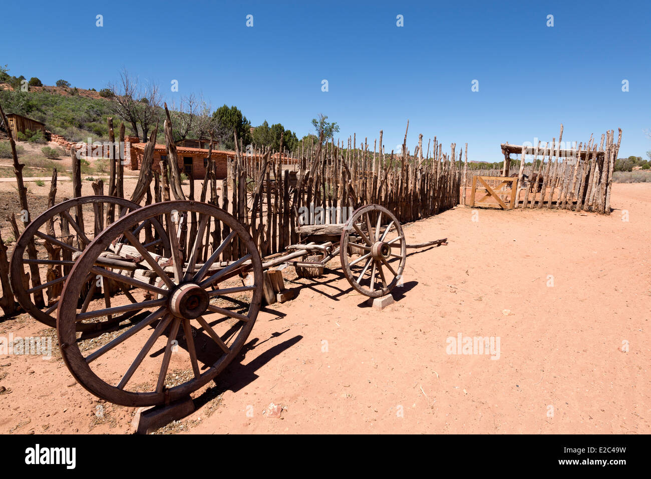 Old wagon frame and corral at Pipe Springs National Monument, Arizona. Stock Photo