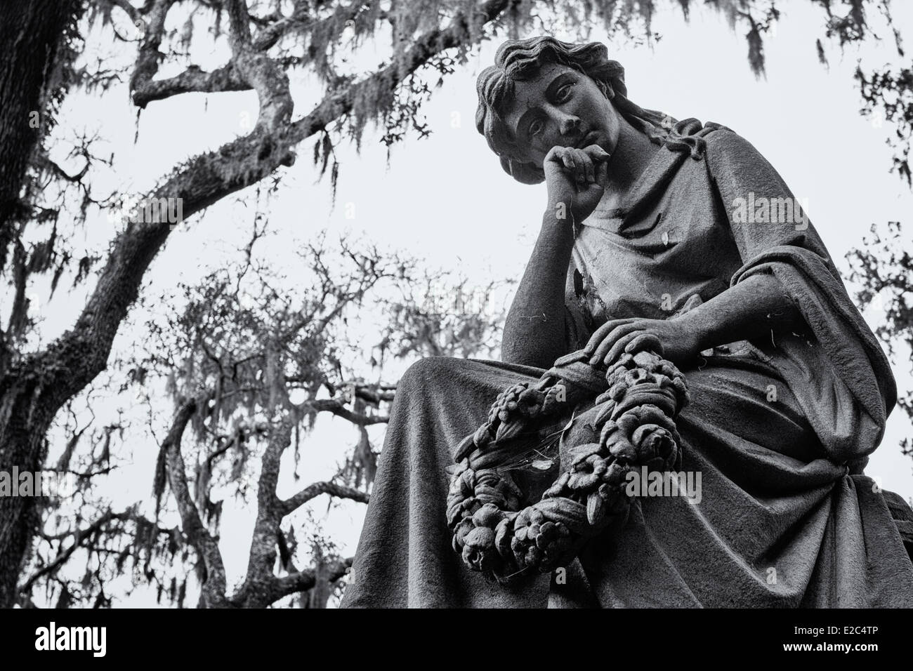 Statue in Bonaventure Cemetery in Savannah, Georgia (Converted to black and white) Stock Photo