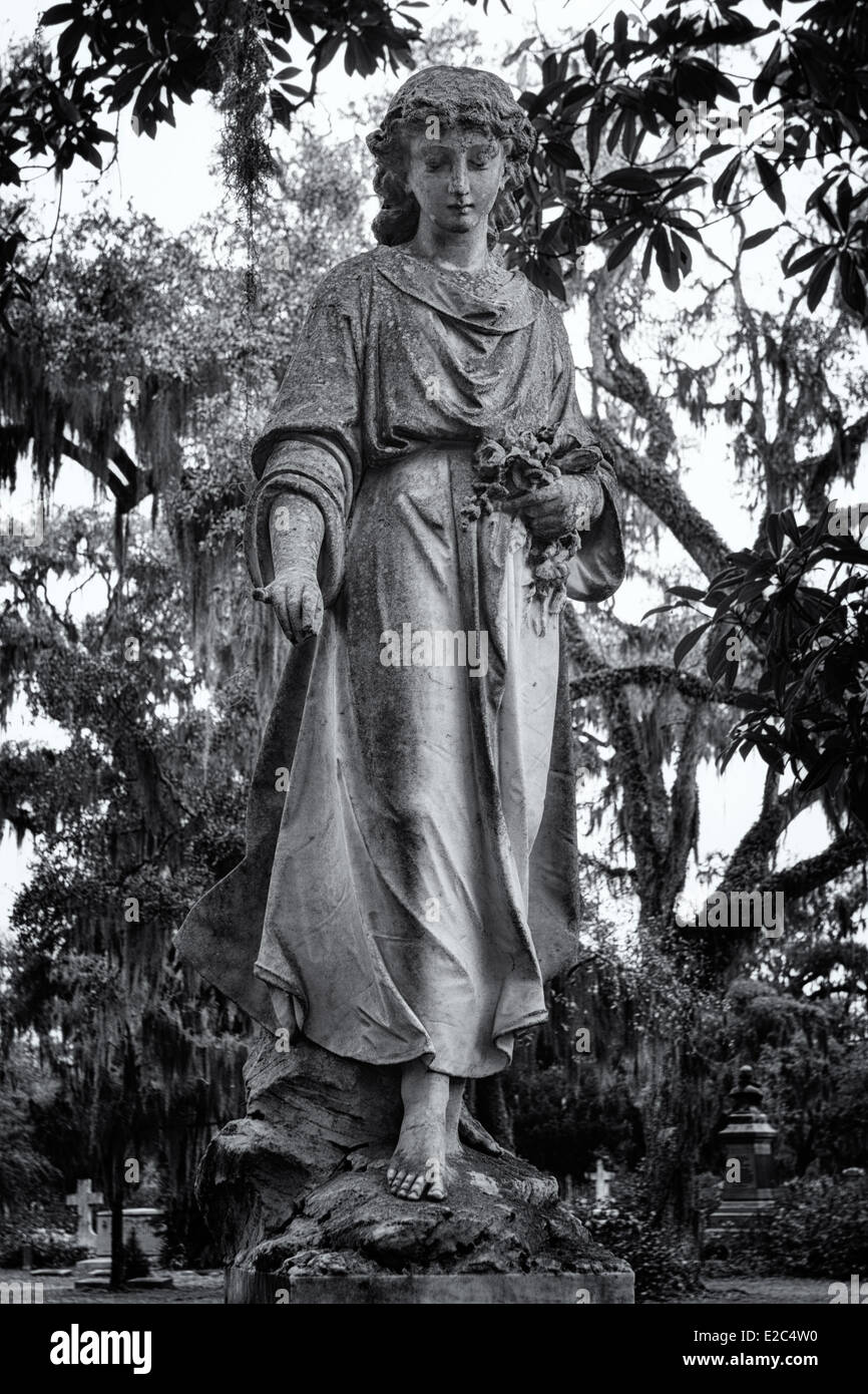 Statue in Bonaventure Cemetery in Savannah, Georgia (Converted to black and white) Stock Photo