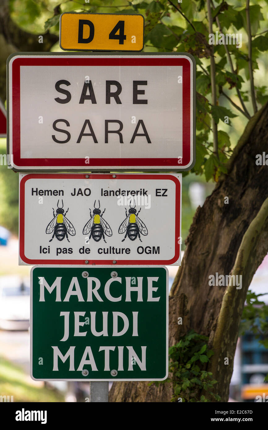 France, Pyrenees Atlantiques, Sare, labelled The Most Beautiful Villages of France, signpost Stock Photo