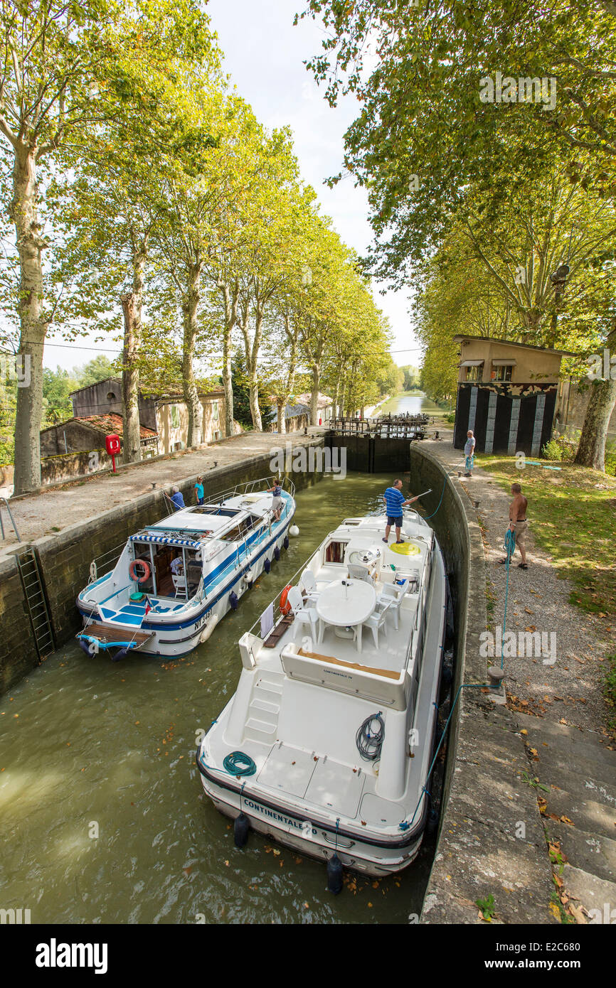 France, Aude, Castelnaudary, the Canal du Midi listed as World Heritage by UNESCO, the lock quadruples of Saint Roch Stock Photo
