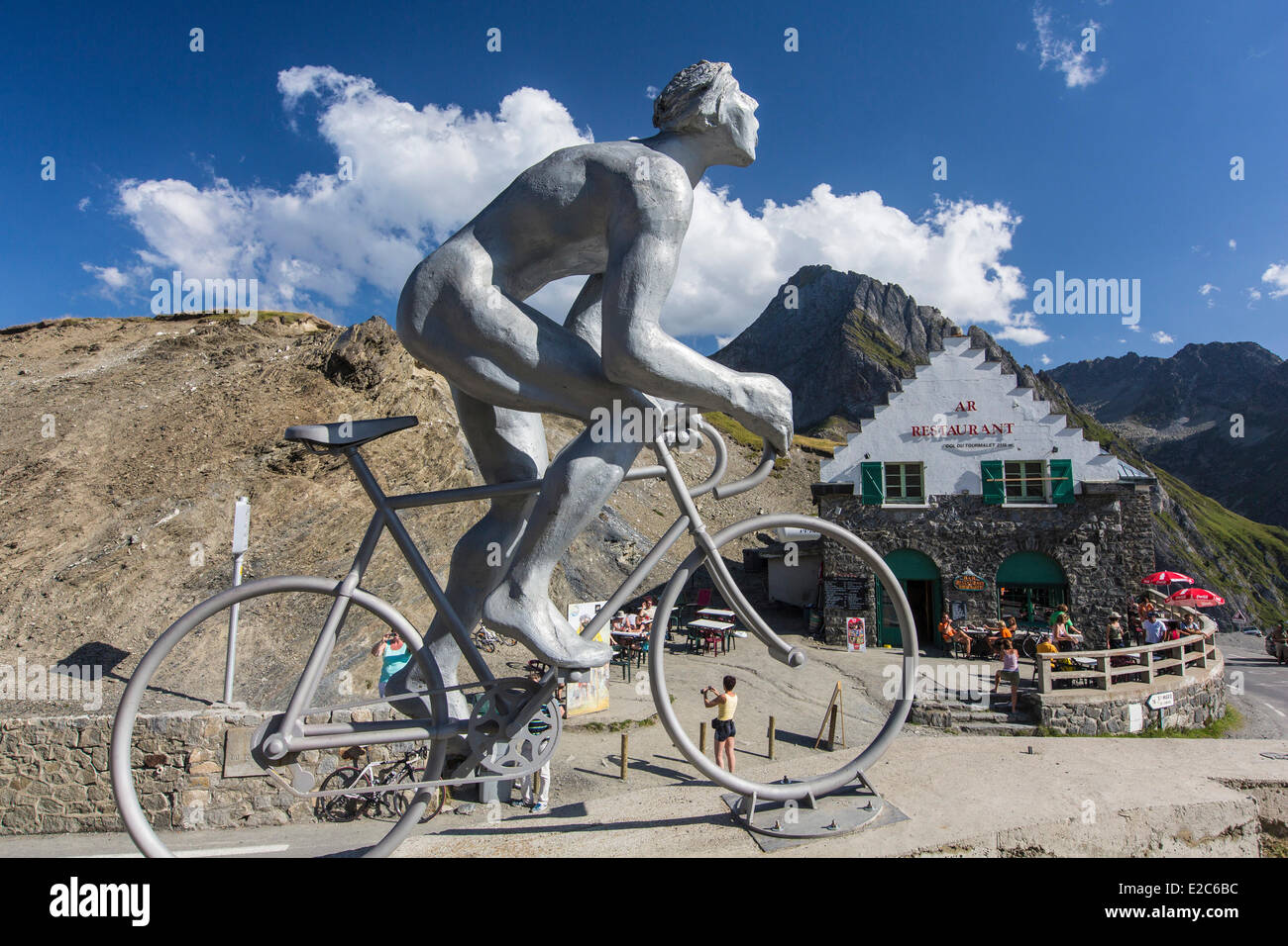 France, Hautes Pyrenees, Bagneres de Bigorre, La Mongie, Col du Tourmalet (2115m), statue representing the ascension of the pass, Tour de France Stock Photo