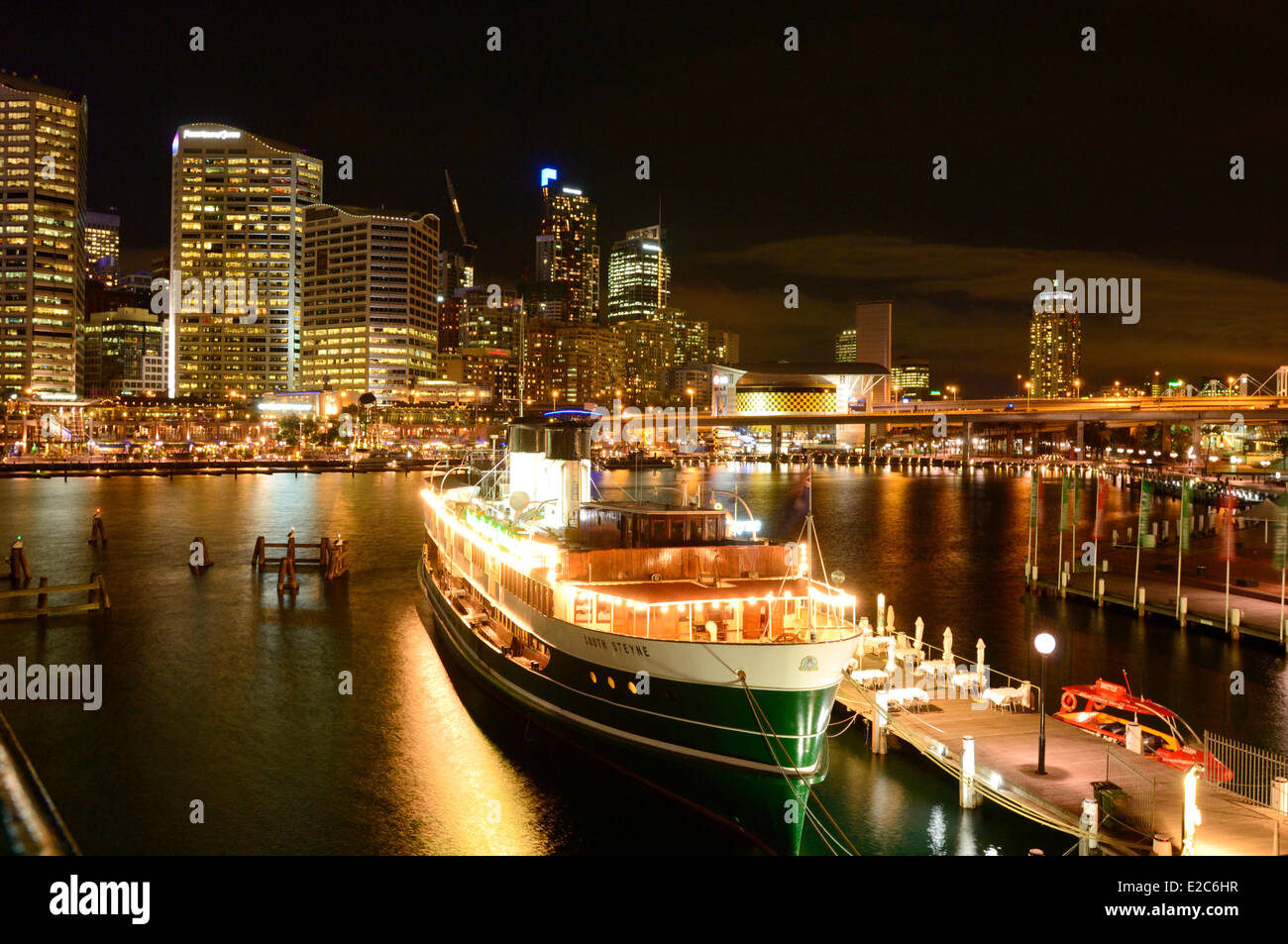 Australia, New South Wales, Sydney, Darling Harbour, Cockle Bay, boat called South Steyne docked at night Stock Photo