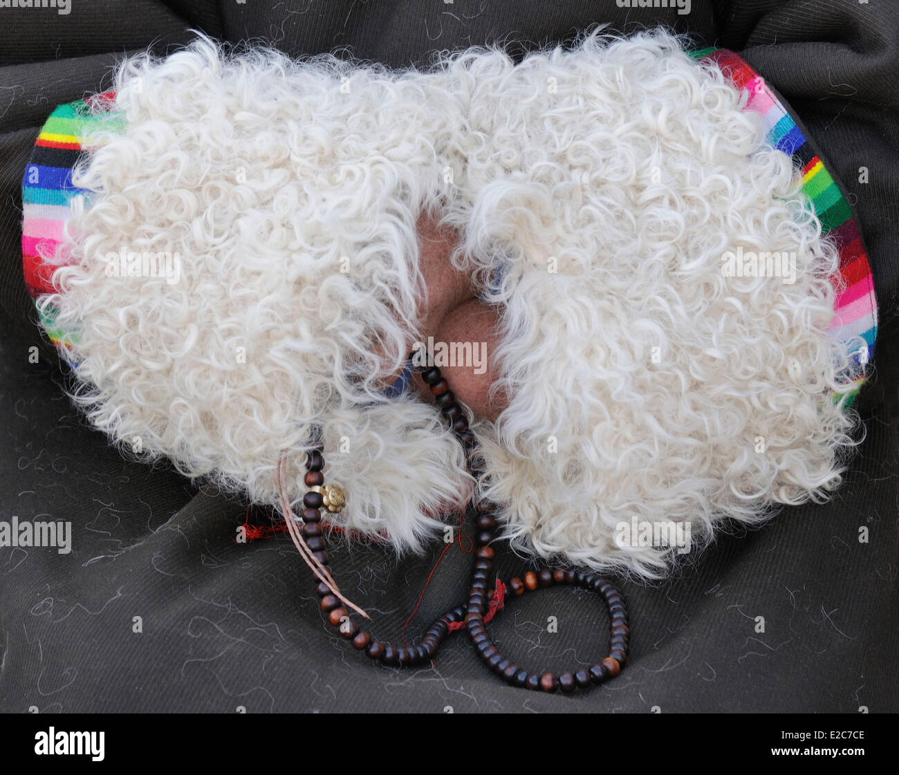 China, Qinghai, Amdo, Tongren, Monastery of Gomar, Losar, Tibetan woman wearing traditional dress and holding a chapelet Stock Photo