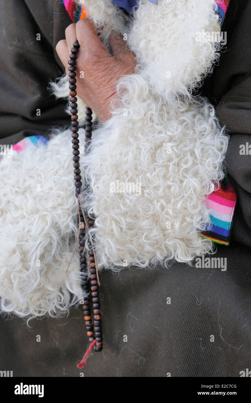 China, Qinghai, Amdo, Tongren, Monastery of Gomar, Losar, Tibetan woman wearing traditional dress and holding a chapelet Stock Photo