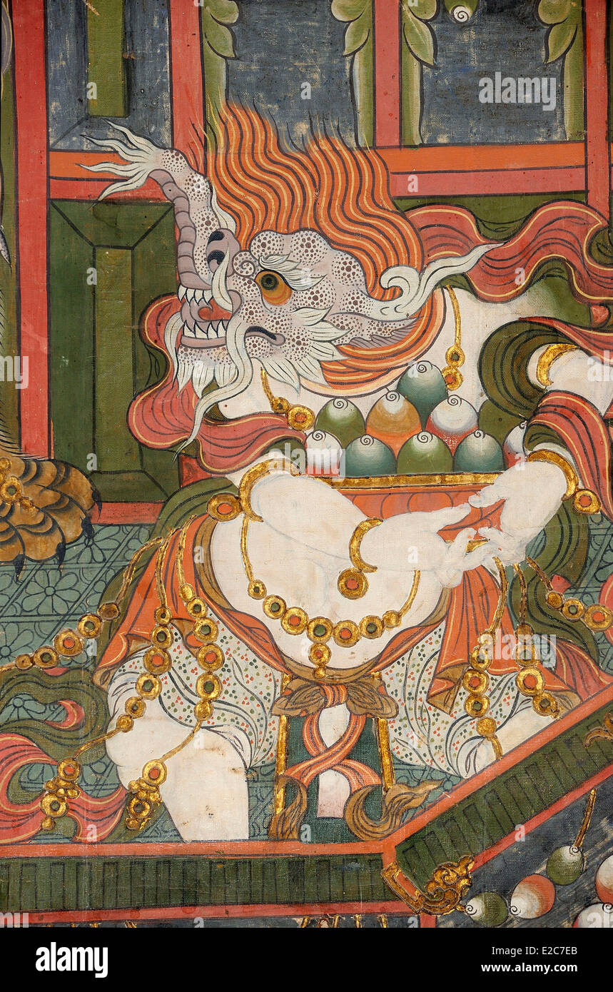 China, Gansu Province, Amdo, Xiahe, Monastery of Labrang (Labuleng Si), Medical College, Painting of Virupaksha, guardian king of the west, Monster (detail) Stock Photo