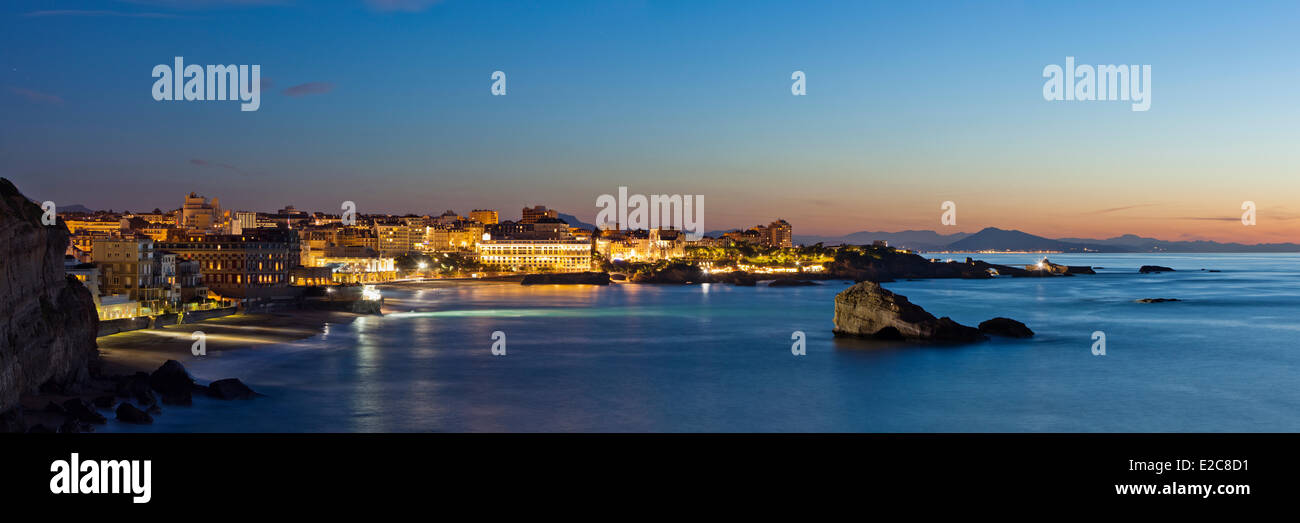 France, Pyrenees Atlantiques, Biarritz, overview Night Stock Photo
