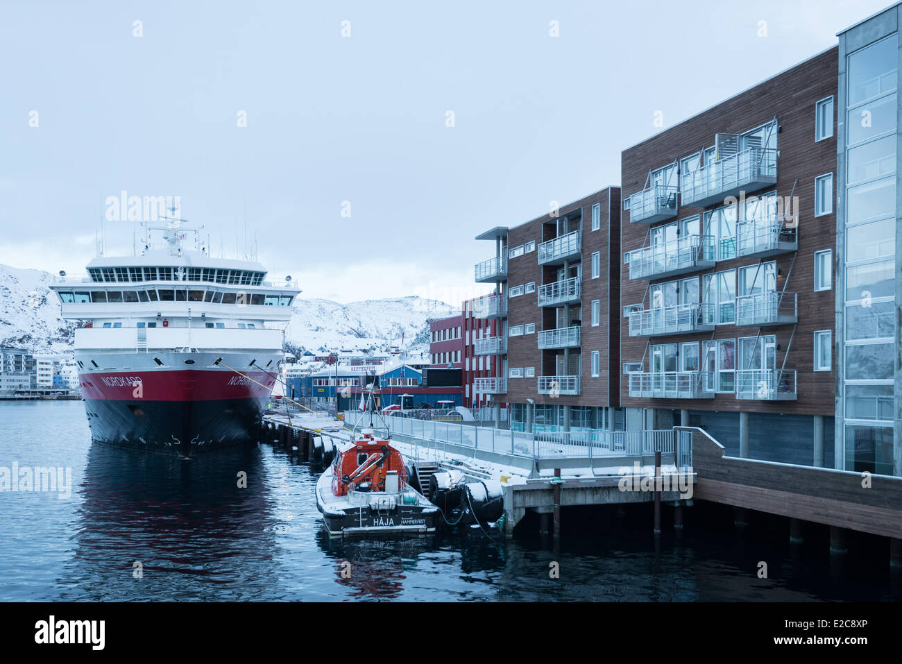 Norway, Finnmark, Hammerfest, the boat Nordkapp of the compagny Hurtigruten at dock Stock Photo