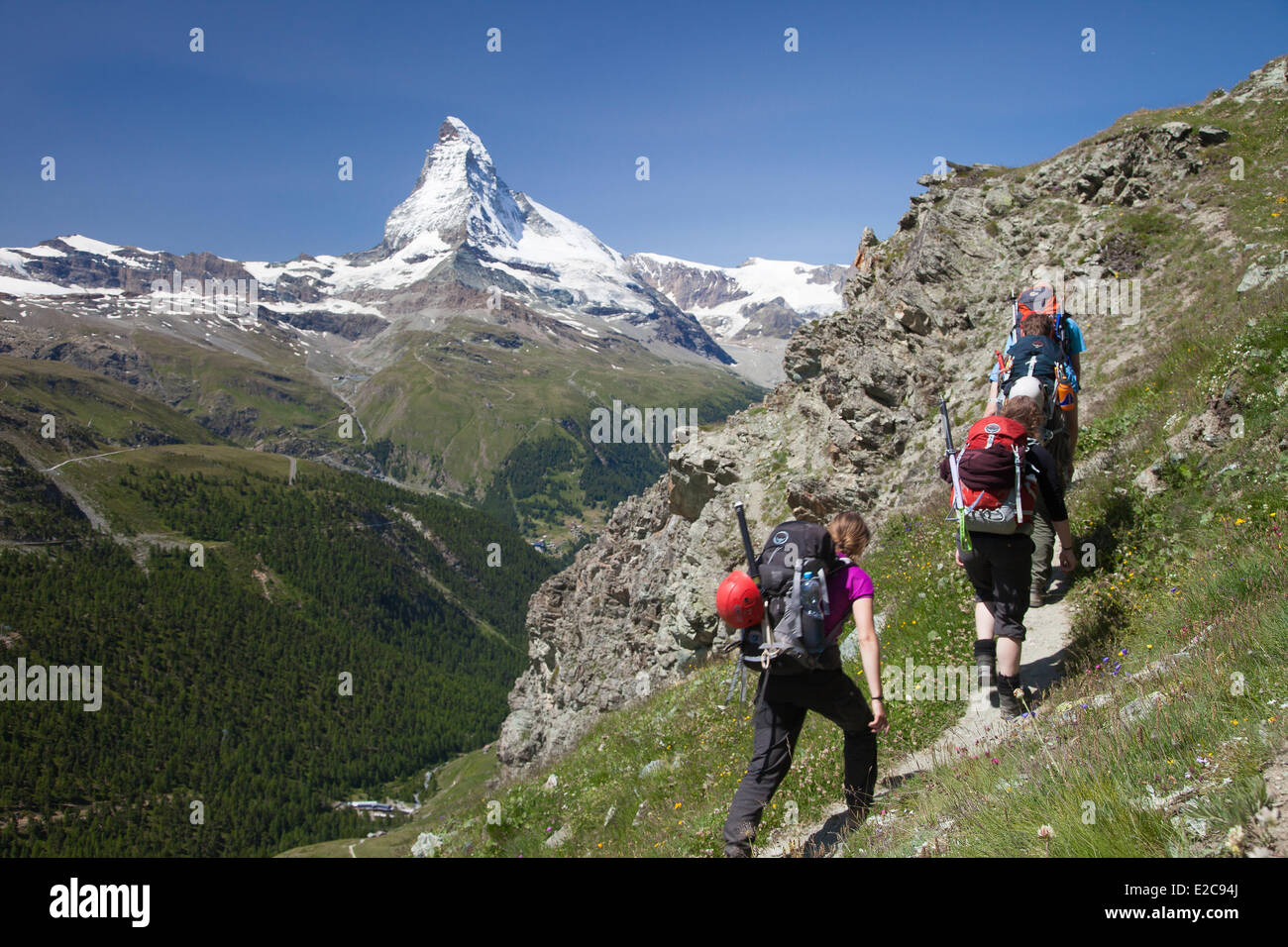 Switzerland, Canton of Valais, Zermatt, hikers near the Matterhorn (4478 m) Stock Photo