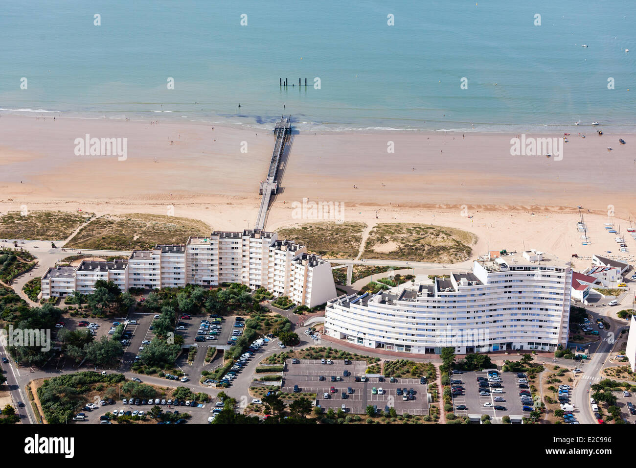 France, Vendee, Saint Jean de Monts, the beach and the jetty (aerial view) Stock Photo