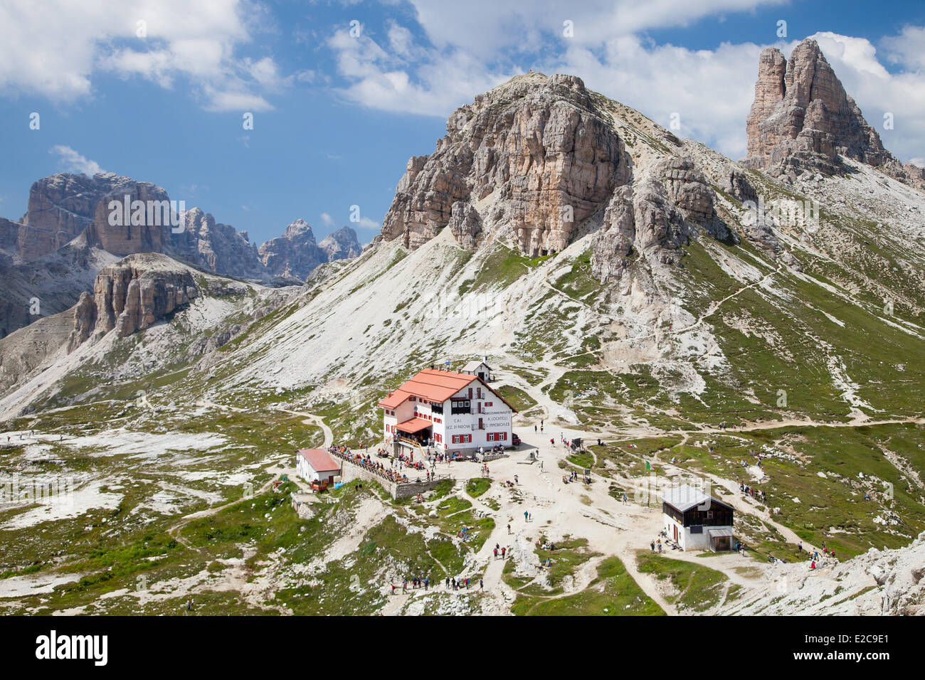 Italy, Trentino Alto Adige, Dolomites massif listed as World Heritage by UNESCO, the Locatelli refuge Stock Photo