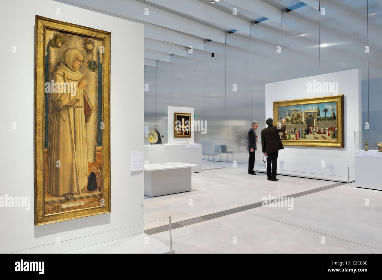 France, Pas de Calais, Lens, Lens Louvre Museum designed by SANAA Japanese Architecure Firm and architects Celia Imrey and Tim Culbert, Galerie du Temps (Gallery of the Time), Gothic Europe, Saint Jacques de la Marche and two kneeling donors, painting by Carlo Crivelli of 1477 Stock Photo