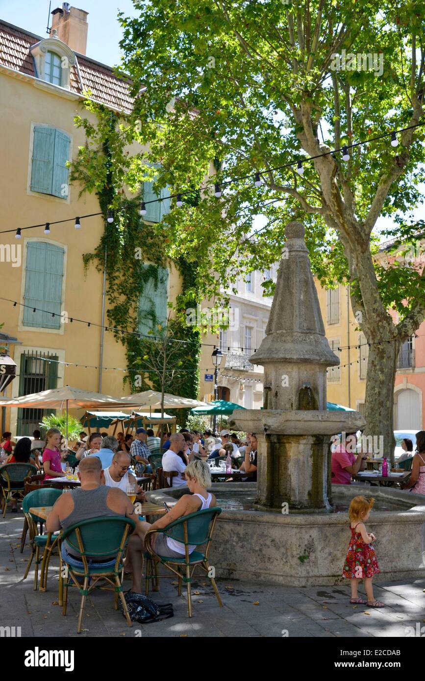France, Herault, Beziers, square of the Revolution, terrace of restaurants around one stone