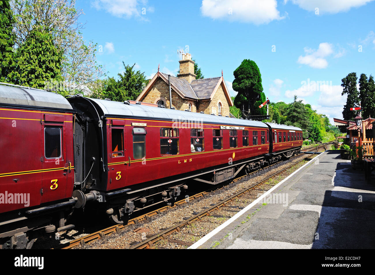 LMS passenger carriages/coaches in Maroon at the Great Western railway station, Hampton Loade, Shropshire, England, UK. Stock Photo