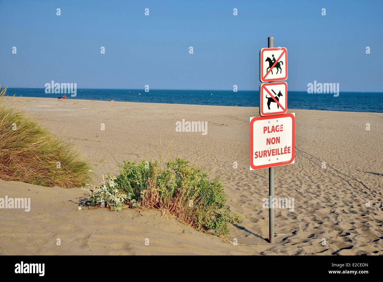 France, Herault, Serignan, Plage des Orpellieres Beach, sign on the ...