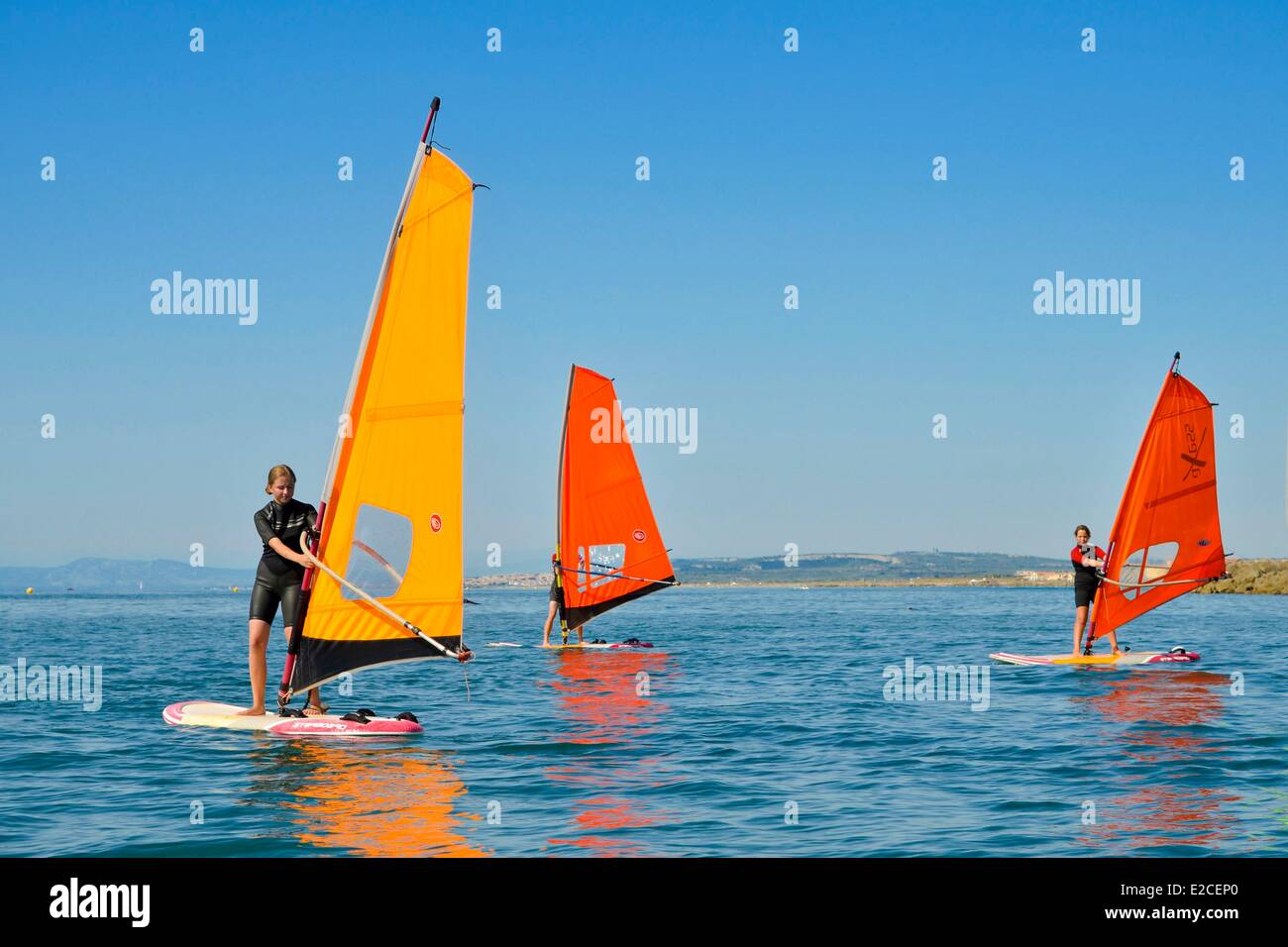 France, Herault, Valras Plage, apprenticeship of the windsurfing board with the background coast Stock Photo