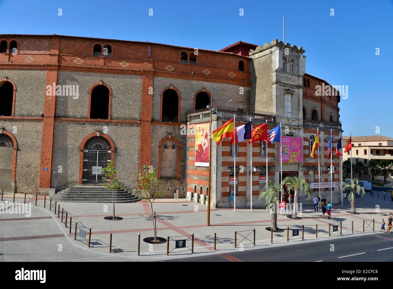 France, Herault, Beziers, bullrings built in the 19th century, encircled in the architecture traced on amphitheater Spanish welcoming bullfights Stock Photo