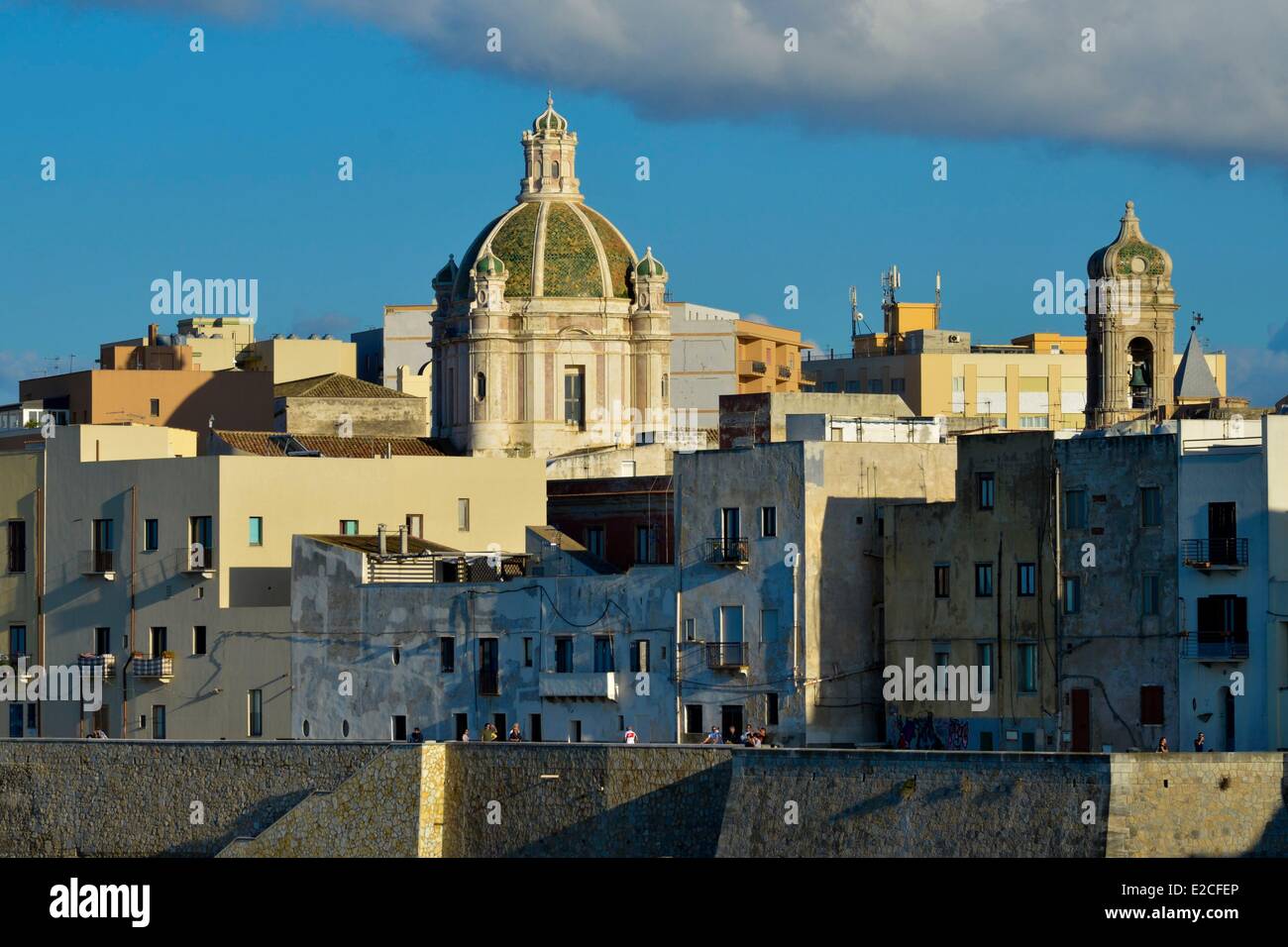 Italy, Sicily, Trapani, historic center, old city on the waterfront with the San Lorenzo Cathedral of the 15th century in the background view from the fortress Conca Stock Photo