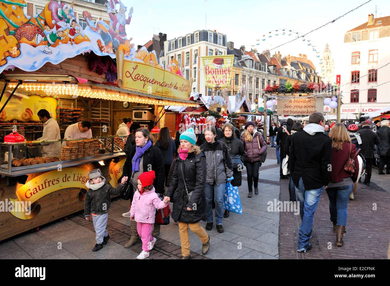 France, Nord, Lille, Place Rihour, chalet selling waffles in the Christmas market Stock Photo