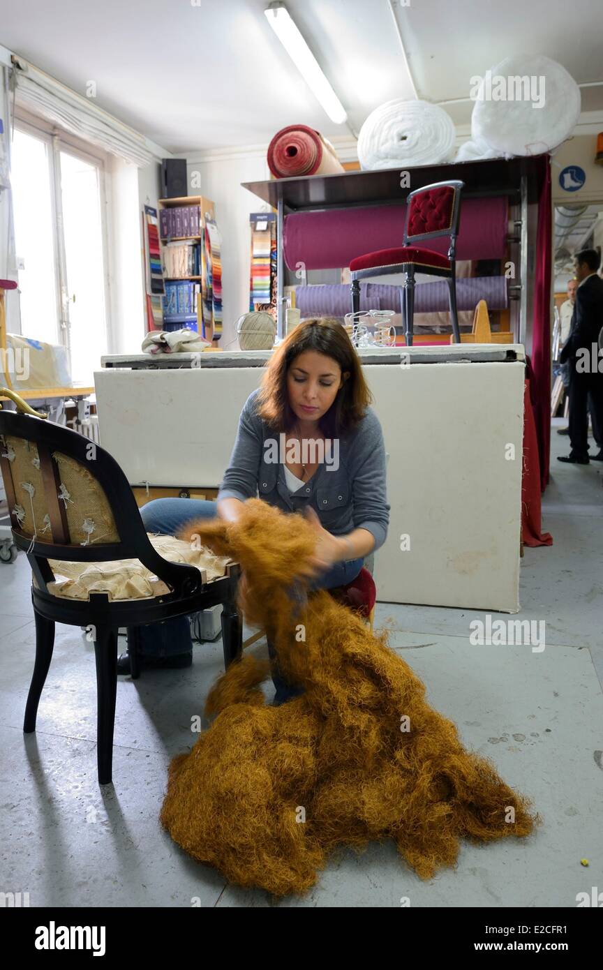 France, Paris, Garnier Opera, repair workshops, Nora Yalaoui, furniture tapestry maker Stock Photo