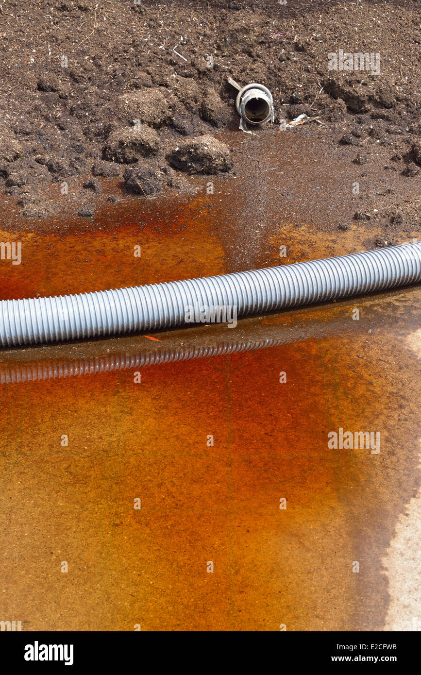 Industrial compost heap with forced aeration pipes and leachate