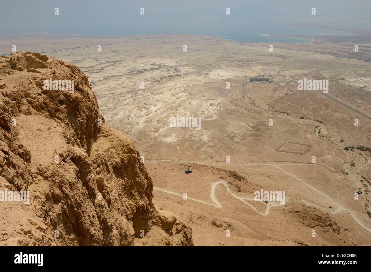 Israel, Negev Desert, Masada fortress, UNESCO, cable car overlooking Dead Sea, Snake Path and remains of a Roman camp Stock Photo