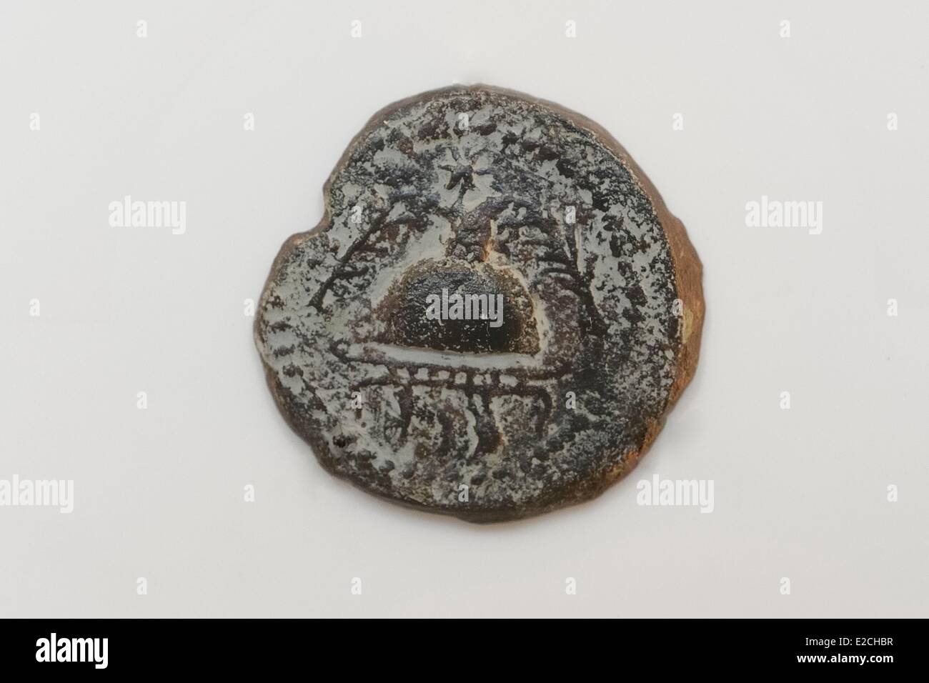 Israel, Jerusalem, Davidson Center, bronze coin of king Herod Great dated to 37 BCE Stock Photo