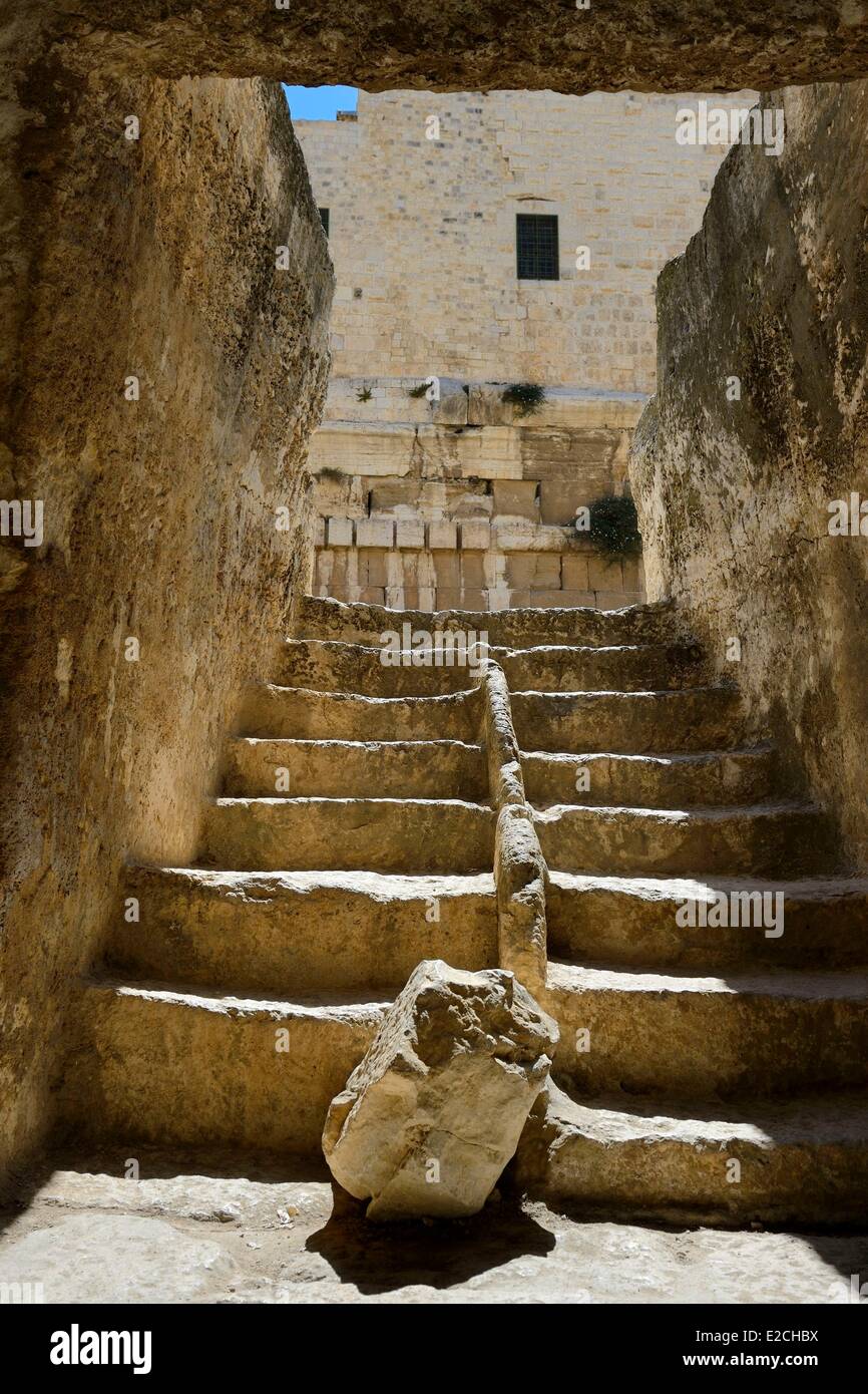 Israel, Jerusalem, holy city, the old town listed as World Heritage by UNESCO, the Temple Mount in the Davidson Center, staircase of the Mikveh (or mikvah), ritual immersion bath at the foot of the western retaining wall of the Temple built by Herod the Great Stock Photo