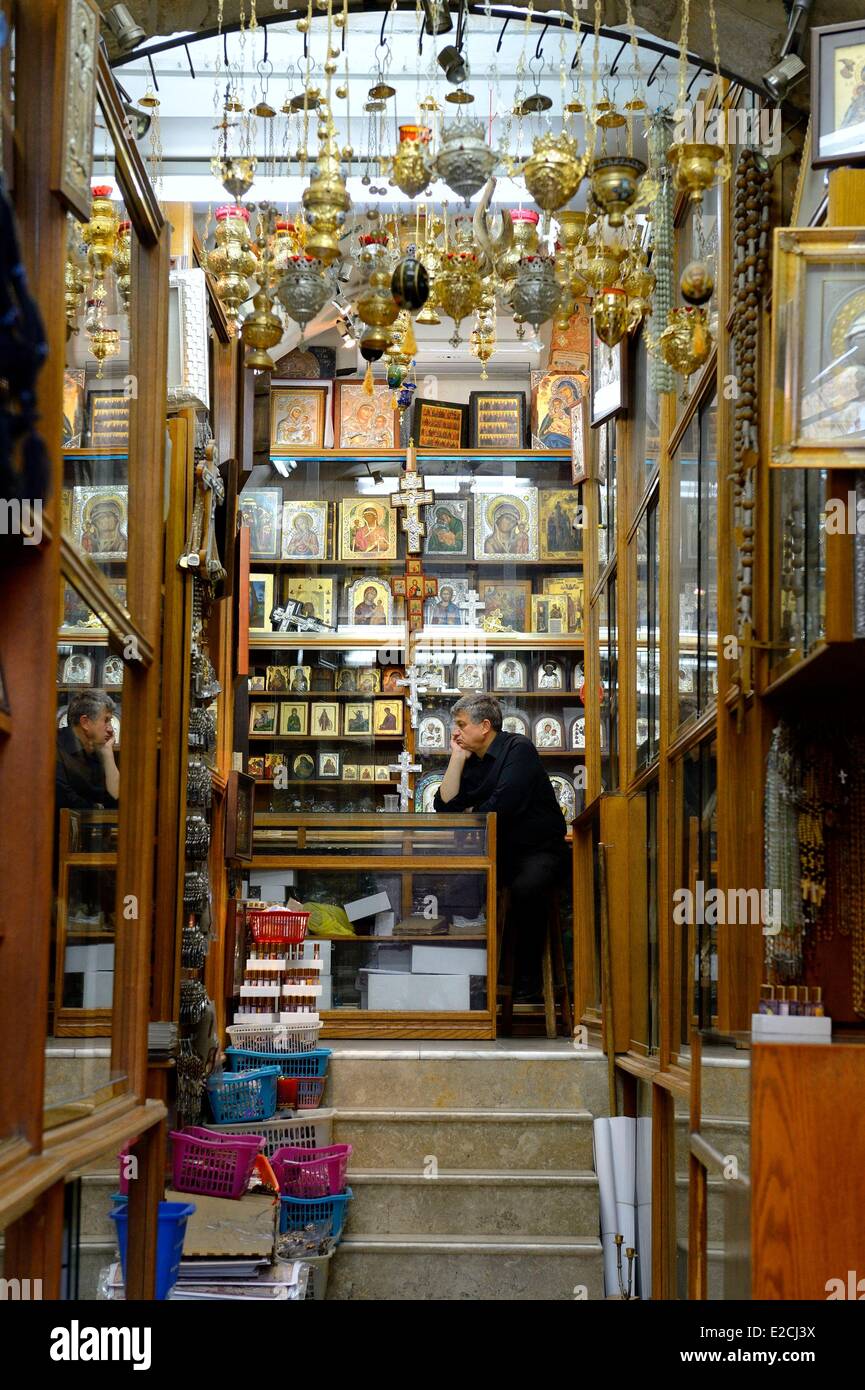Israel, Jerusalem, holy city, the old town listed as World Heritage by UNESCO, Christian District, souvenir shop and religious products of the three religions Stock Photo