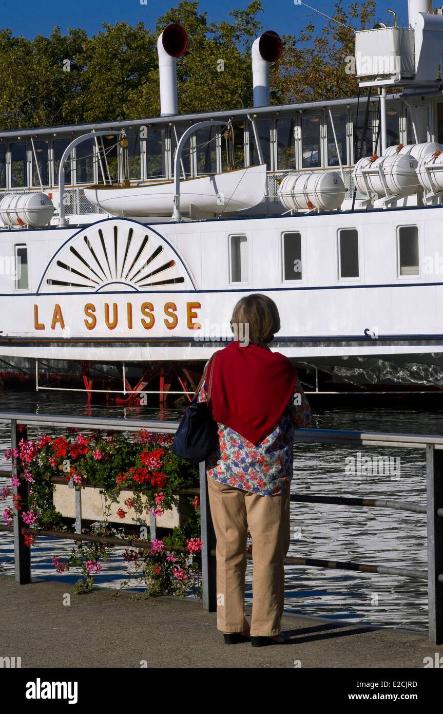 Switzerland, Canton of Vaud, Lausanne, Ouchy district of Lac Leman, famous paddle boat Switzerland in the Old Port Stock Photo