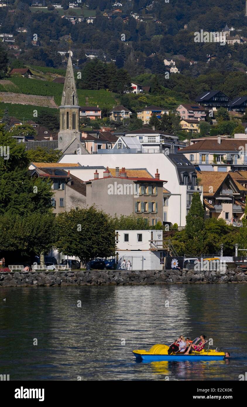 Switzerland, Canton of Vaud, Clarens on Lake Geneva from boat Stock Photo