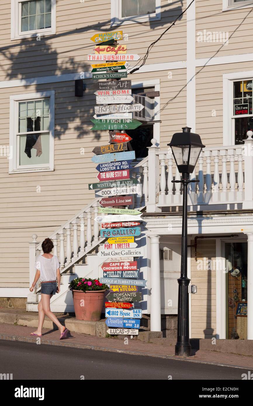 United States Maine Kennebunkport downtown Spring Street tourist signs Stock Photo
