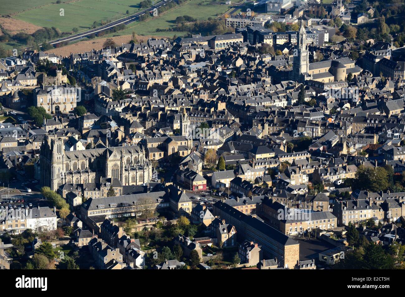 France Manche Avranches Notre Dame des Champs church and the Saint Gervais Basilica in the background (aerial view) Stock Photo
