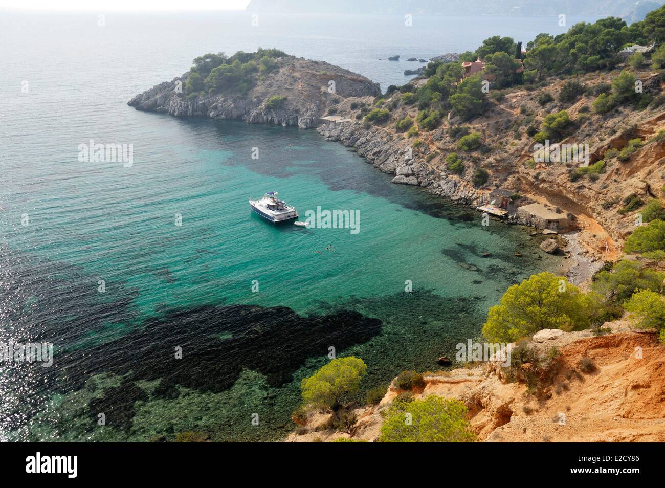 Spain Balearic islands Ibiza bay Vista Alegre boat moored in the bay Stock Photo