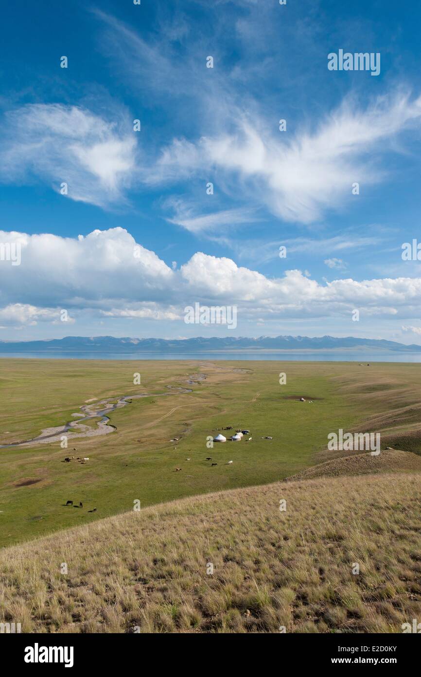 Kyrgyzstan Naryn Province yurts and horses on mountain pastures at Song-Kol lake state zoological reserve Stock Photo