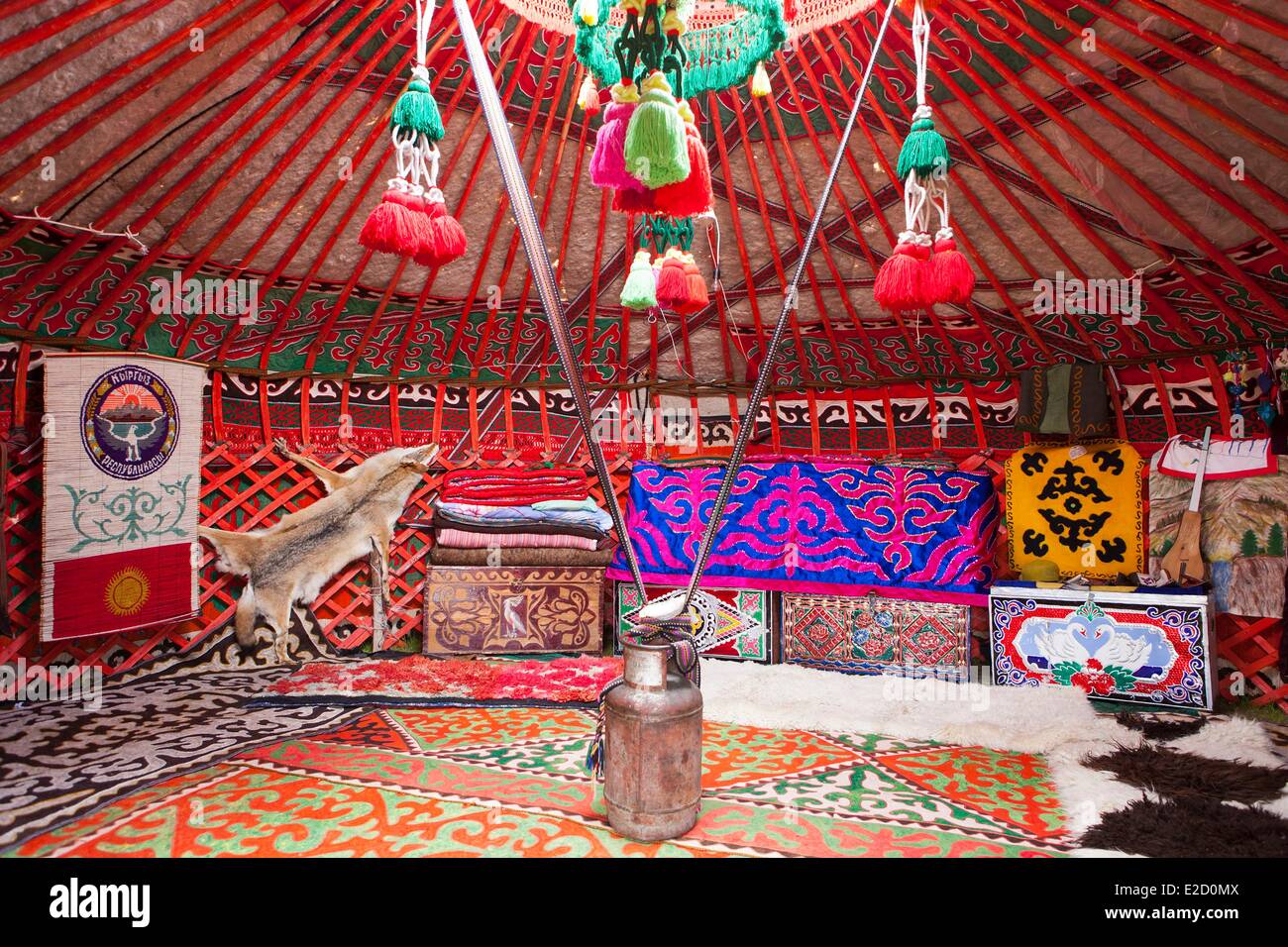 Kyrgyzstan Naryn Province interior of a yurt at Song-Kol lake state zoological reserve Stock Photo