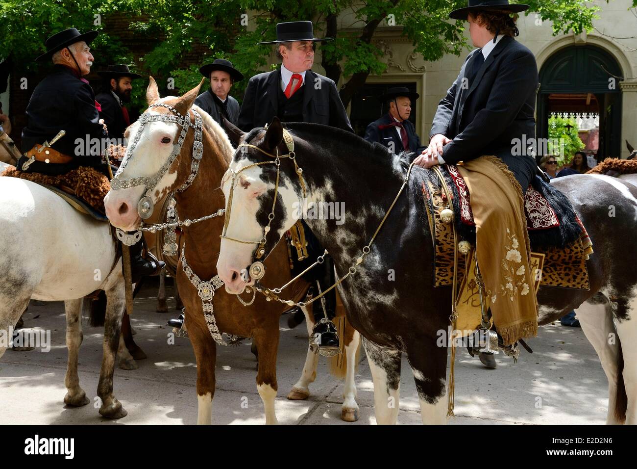 Argentina Buenos Aires Province San Antonio de Areco Tradition Day festival (Dia de Tradicion) gauchos parade on horseback in Stock Photo